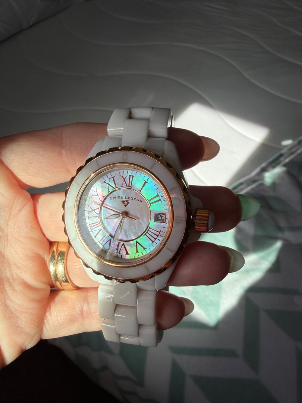 Swiss Legend White Ceramic & Rose Gold Watch with Mother-of-Pearl Dial